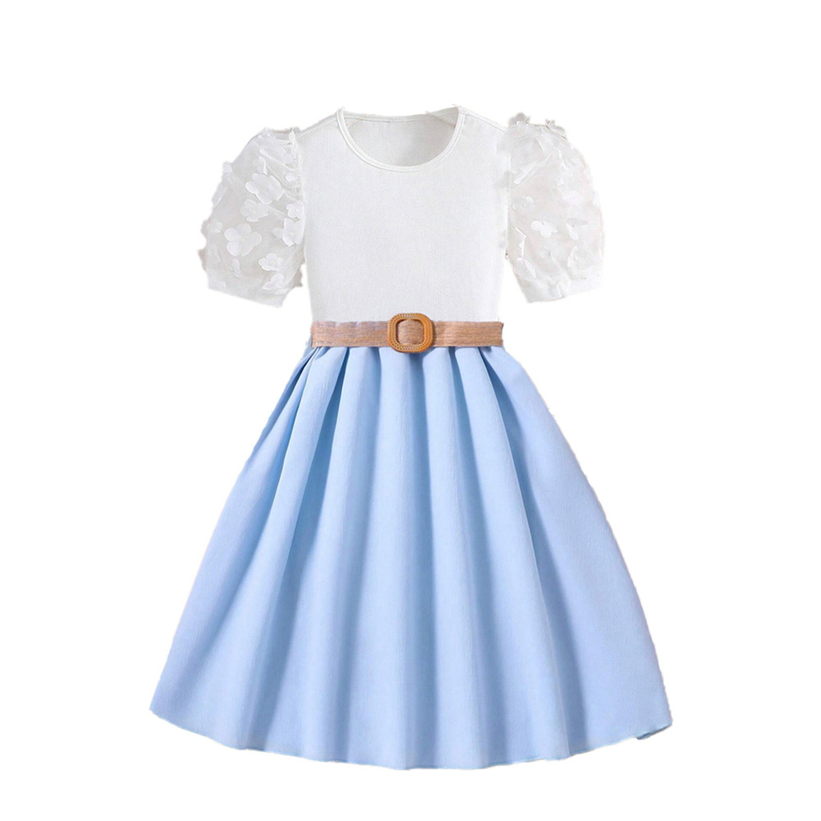 Lovskoo 8-12Y Girls Dress Flowy Summer Dress with Belt Short Sleeve Solid Color Flowy A-Line Spring Casual Dress Blue